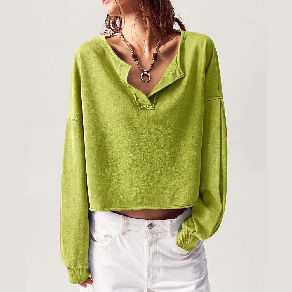 Lime Green Notched V-Neck Cropped Henley Sweatshirt